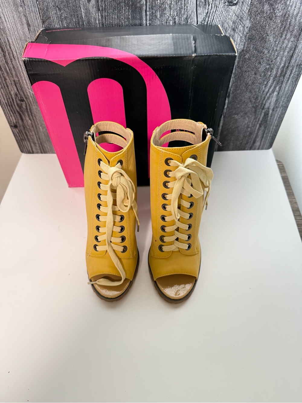 Michael Antonio Yellow Lace-Up Peep Toe Heels - Women's Fashion Booties